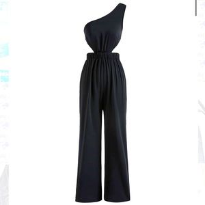 Black Solid One Shoulder Jumpsuit Cider